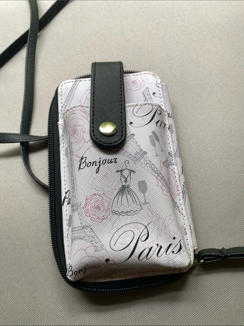 🪅15 for $20🪅 Paris Print Crossbody Phone Wallet - White with Black Trim